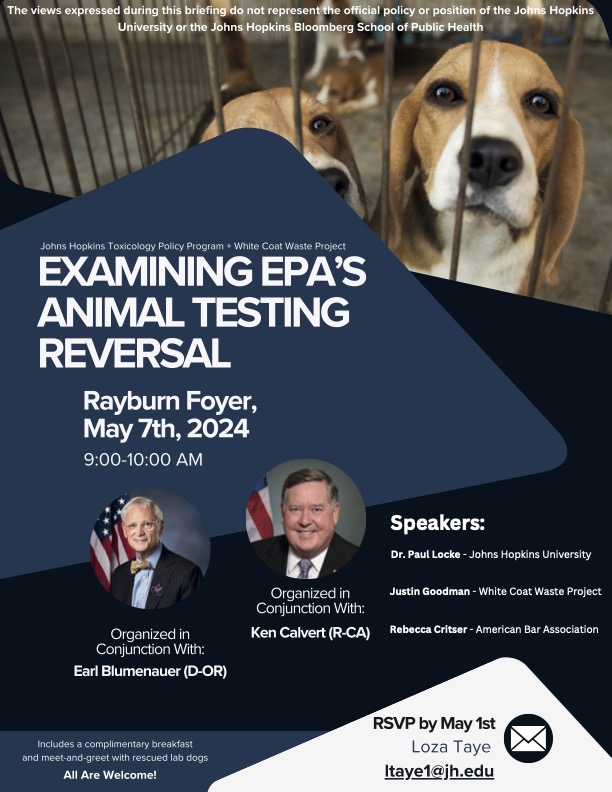 Mark your calendars!  Our briefing on Capitol Hill  will be held next week, 7 May, starting at 9 AM, Organized in conjunction with  @repkencalvert and <a href="/repblumenauer/">Earl Blumenauer</a>  we will be discussing transparency, leadership and accountability at federal agencies for advancing non-animal