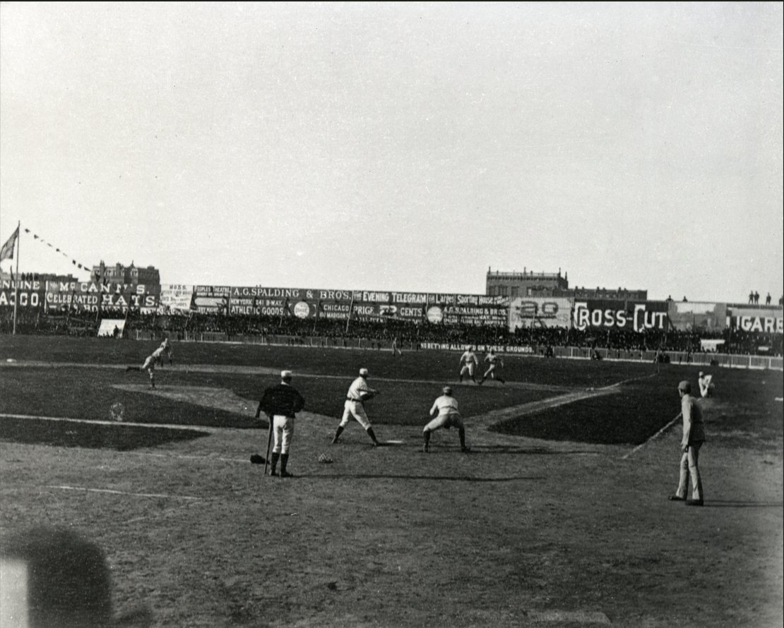 #OTD in 1886, Opening Day at the Polo Grounds. Boston's Hoss Radbourn pitching, Mickey Welch at bat, Johnnie Ward on deck. Shot from stands with Kodak’s new “detective camera” by Richard Hoe Lawrence.