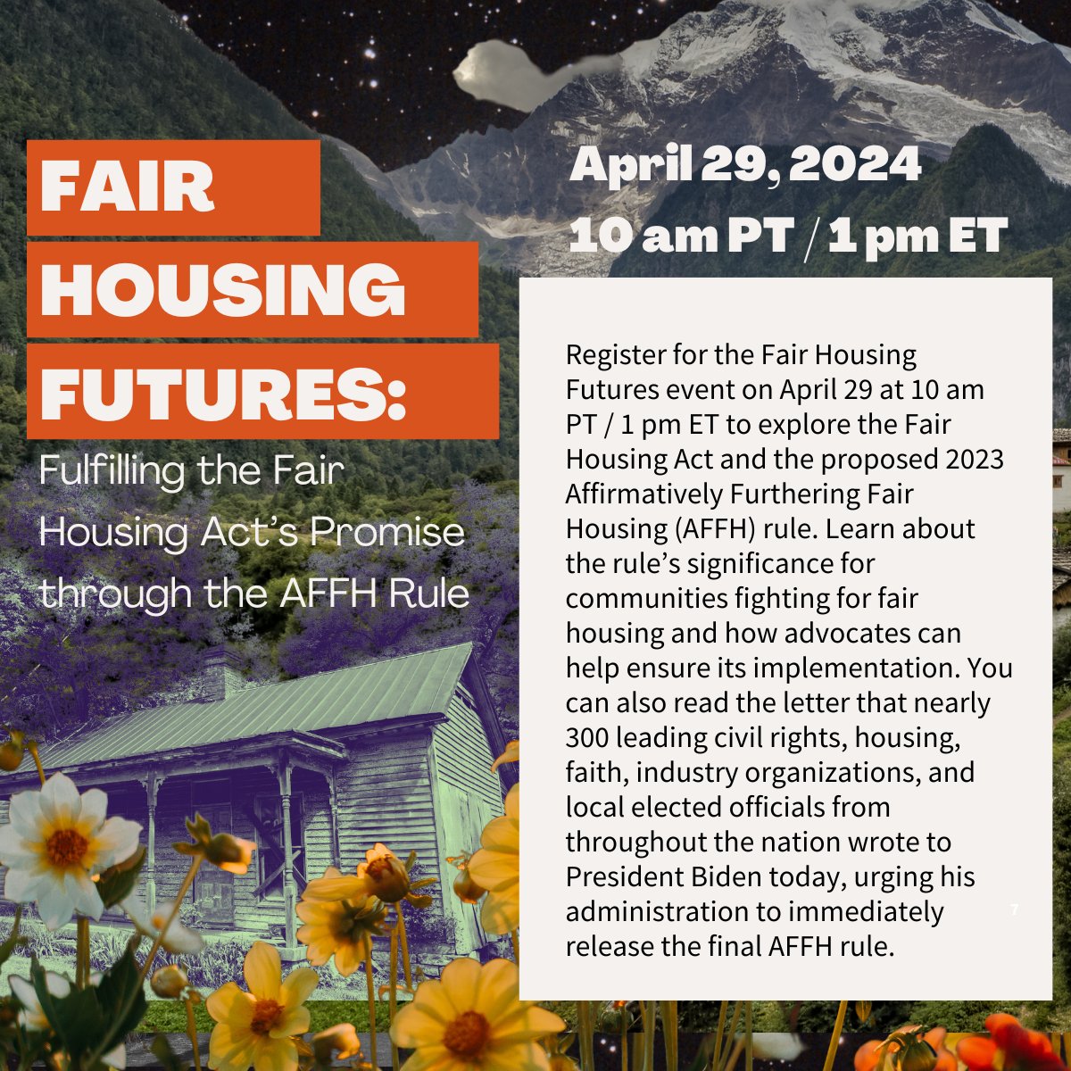 Learn more about Affirmatively Furthering Fair Housing (#AFFH) on an upcoming webinar today, April 29, 2024, at 10:00 AM PT / 1:00 PM ET. There's still time to register for this virtual webinar at plcylk.org/fair-housing-f…