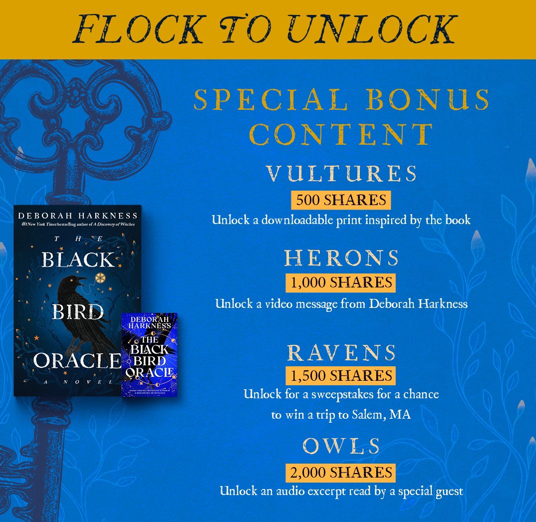 DebHarkness's tweet photo. Looking forward to THE BLACK BIRD ORACLE in July? Then “Flock to Unlock!” As this post is shared by readers, I’ll unlock bonus content. Hit “share” and once we hit 500 total shares, I’ll release a special digital image. Then we’ll move to the Herons tier! Details below. https://t.co/42XEYucMPy
