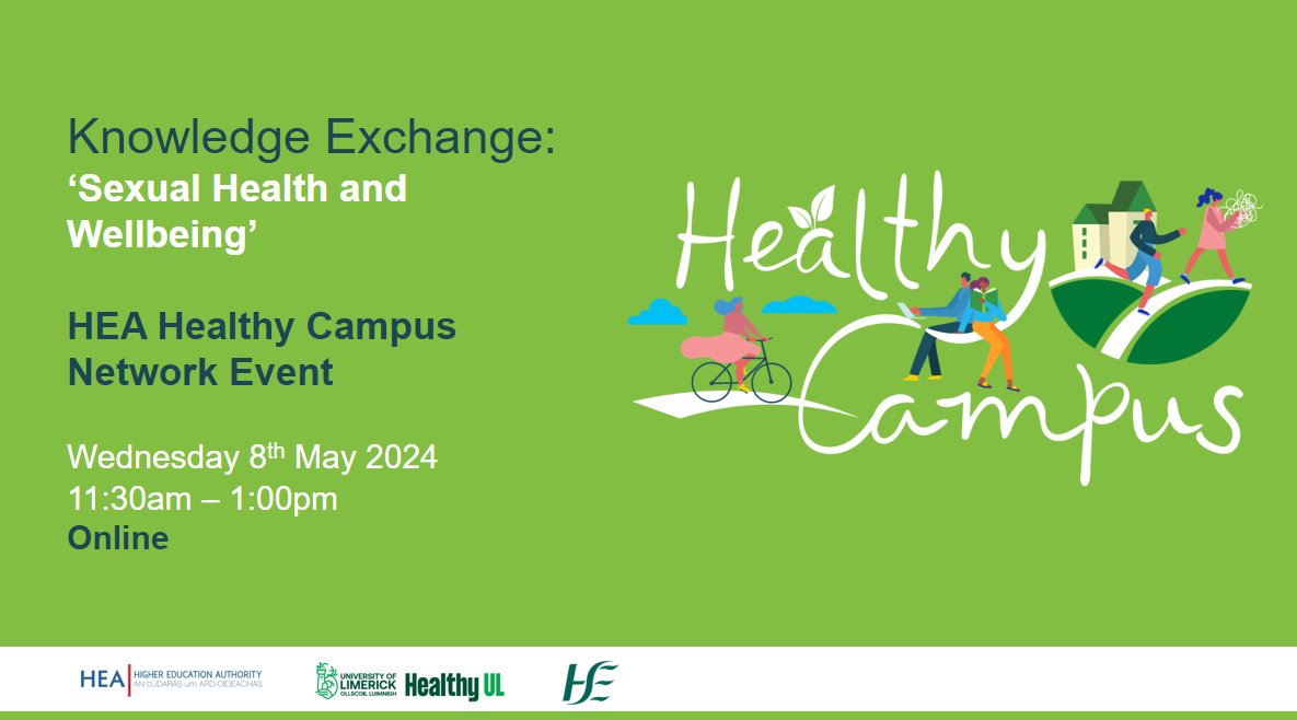 📣📣We are hosting a Knowledge Exchange online (live) on May 8th 11.30 - 1.00 pm:

'Sexual Health & Wellbeing' in collaboration with the @HSELive (Sexual Health and Crisis Pregnancy Programme) and @UL &  @Healthy_UL 

Email: healthycampus@hea.ie to register