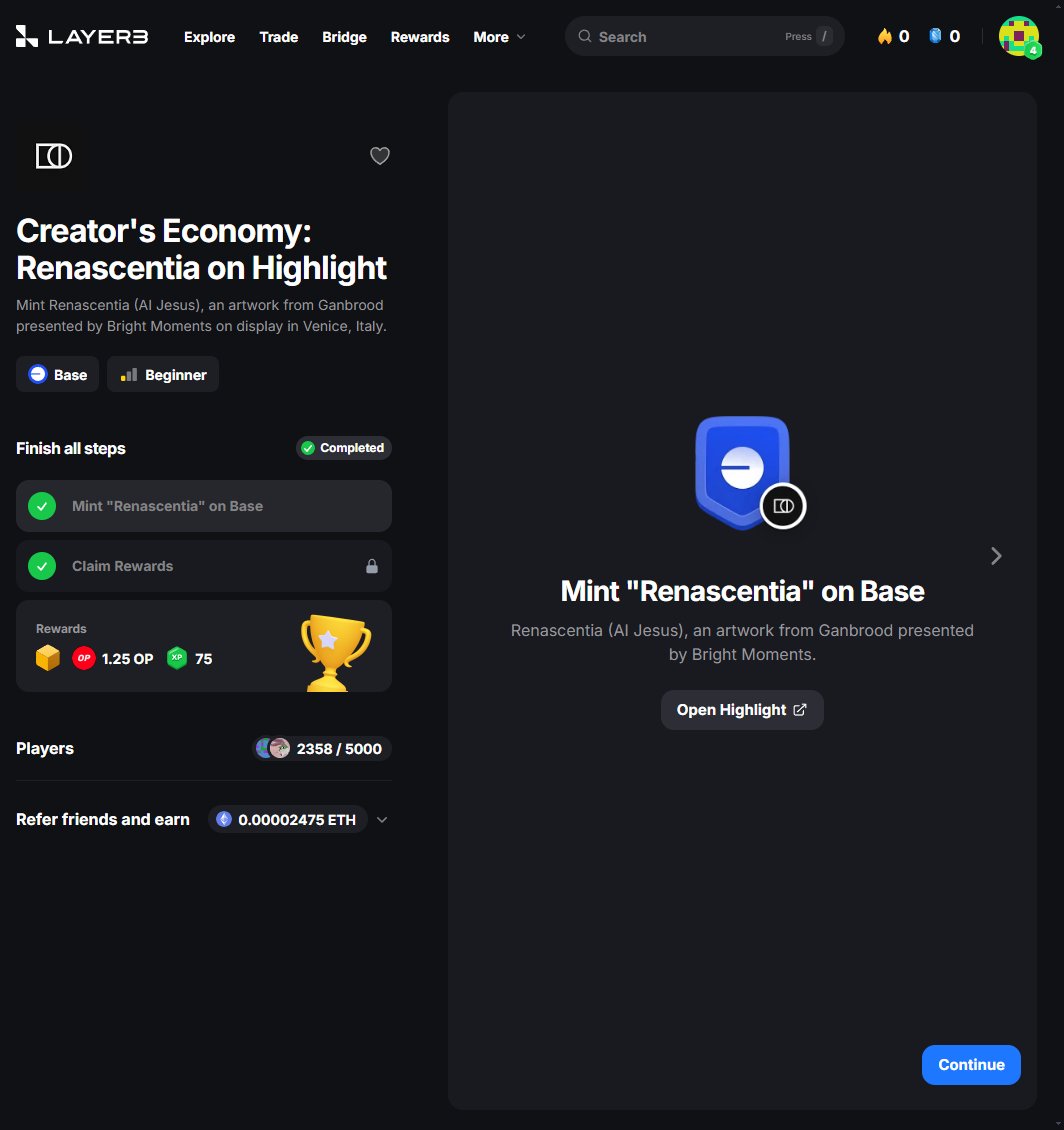 Layer3 活动！
Base链mint一个NFT，  完成后领1.25个OP（价值约3.5U）和75Layer3积分。

传送门：
app.layer3.xyz/quests/creator…