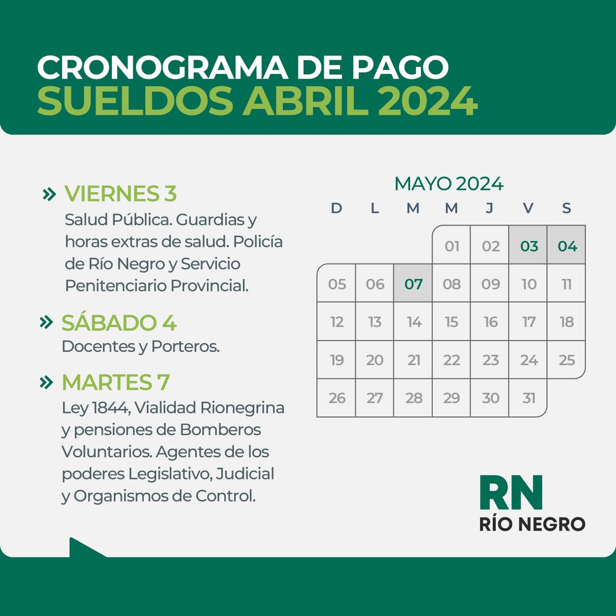 rionegrogob's tweet image. 📆 El próximo viernes 3 de mayo comienza el cronograma de sueldos para las trabajadoras y los trabajadores estatales de Río Negro.

Mirá 👇