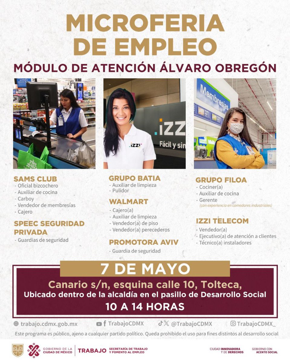 💼 ¡Asiste a la Microferia de Empleo en Álvaro Obregón! ✨ 🗓️ 7 de mayo de 10 a 14 horas 📍 Canario s/n, esq. Calle 10, Tolteca ✅ Lleva identificación oficial, CURP, RFC, CV o solicitud de empleo elaborada. #TrabajoEnLaCiudad 🏙️✨