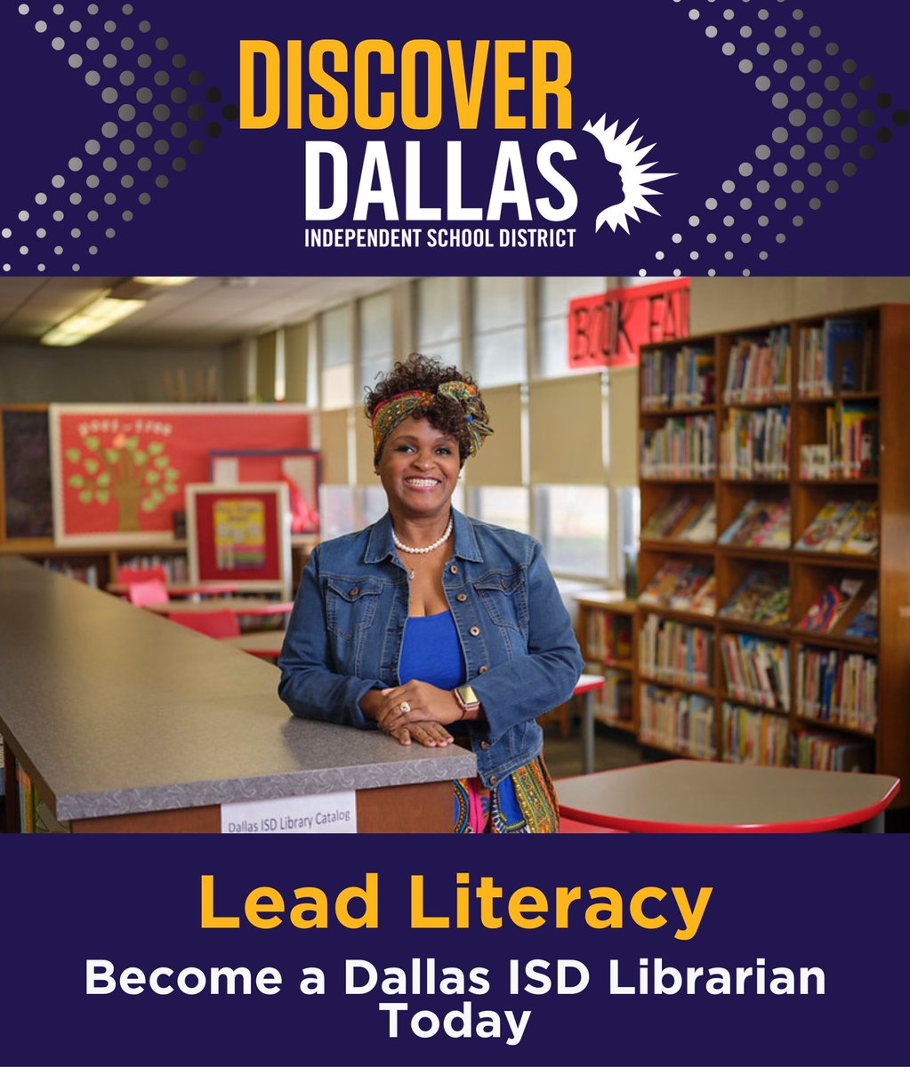 Dallas ISD is Hiring School Librarians! We're seeking dynamic individuals to fill positions districtwide for School Librarian (Media Specialist) for the 24-25 school year! Apply at DallasISD.org/careers