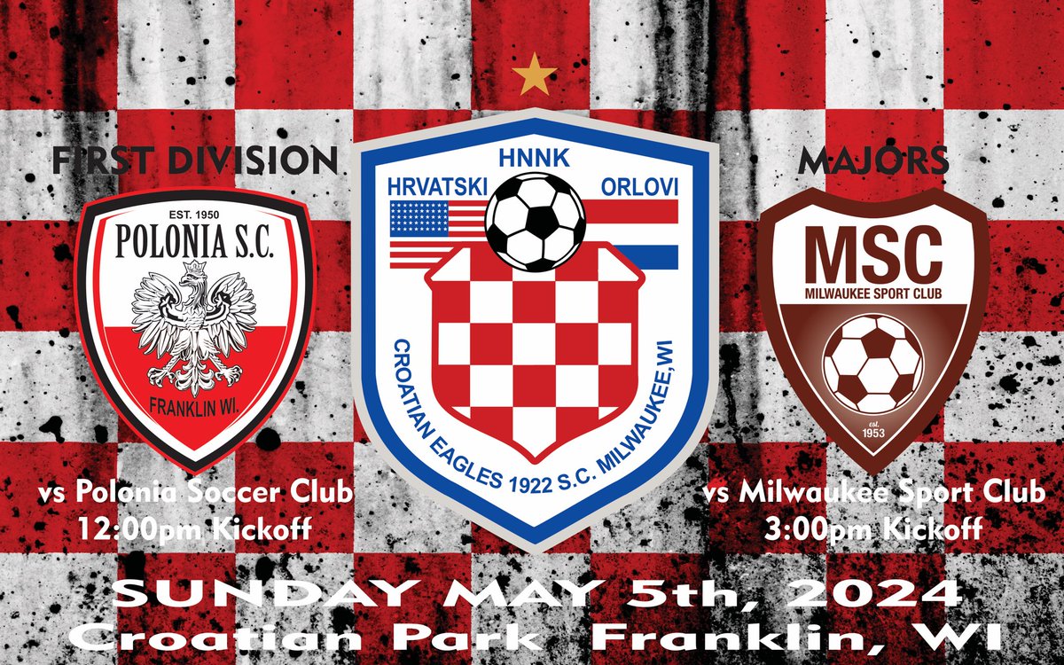 Sunday Funday at Croatian Park is back!

Croatian Eagles Men’s Program is back home this Sunday May 5th, 2024

First Division take on Polonia Soccer Club at Noon

Majors Division take on <a href="/MSC_Majors/">Milwaukee Sport Club Majors</a> at 3pm