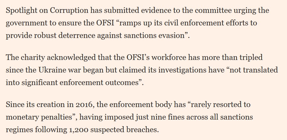 👇Great @FT piece by @LOS_Fisher on the UK's struggle to enforce its Russia #sanctions regime. Includes quotes from our evidence to @CommonsTreasury's ongoing inquiry into this important issue.