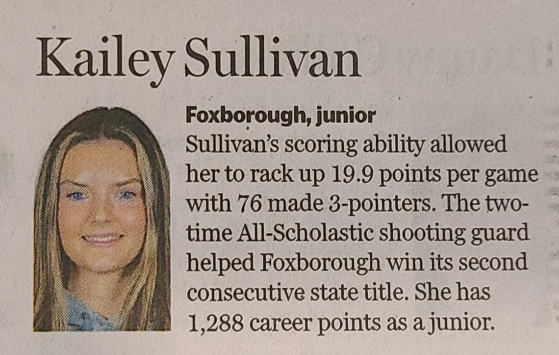 3 individuals rep Hockomock League in the @GlobeSchools' list of '23-'24 Girls Basketball Honorees for top student-athletes & coaches: 'Super Team' & All-Scholastic: Camryn Collins - Foxboro All-Scholastic: Avery Gamble - Oliver Ames All-Scholastic: Kailey Sullivan - Foxboro