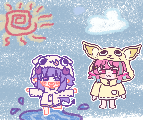 Dear_vtuber's tweet photo. 原本是逛著蝦皮
看到各種耳朵外套💜💜
所以雀畫了我 ~ 我畫了雀 @Azujaku 
有夠可愛的 ! ! !
我畫的有夠嘲諷 / 雀畫得有夠屁孩🥴

配上水坑背景塗鴉超級像雨衣的啦💧
那才不是荻娜的尿

-
荻 : 出門去玩水坑瞜(ง ˙o˙)ว

好快樂 ~  謝謝梓雀一直稱讚我 鼓勵我畫畫🥲
剛開始真的很沒自信 :<

*明日休休u https://t.co/fhGW8Ag7m3