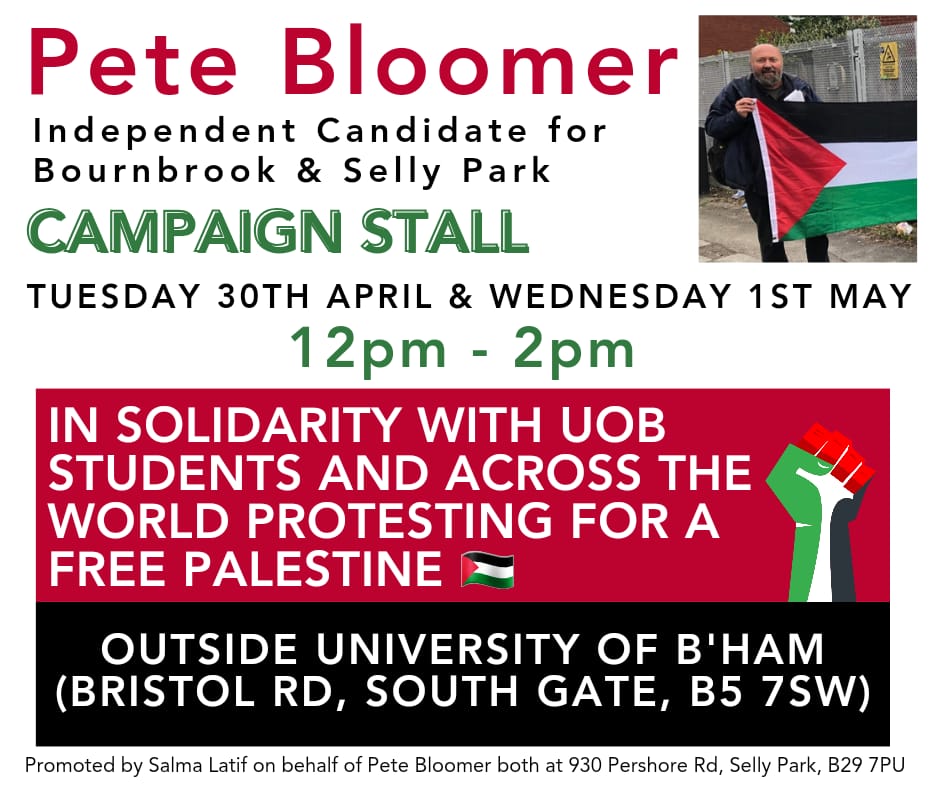 Hope to see you there! 🇵🇸 🇵🇸 ✊️✊️

#VotePeteBloomer #SellyPark #Bournbrook #Birmingham #UK #Vote #VoteIndependent #Vote4Change #Local #LocalElections2024