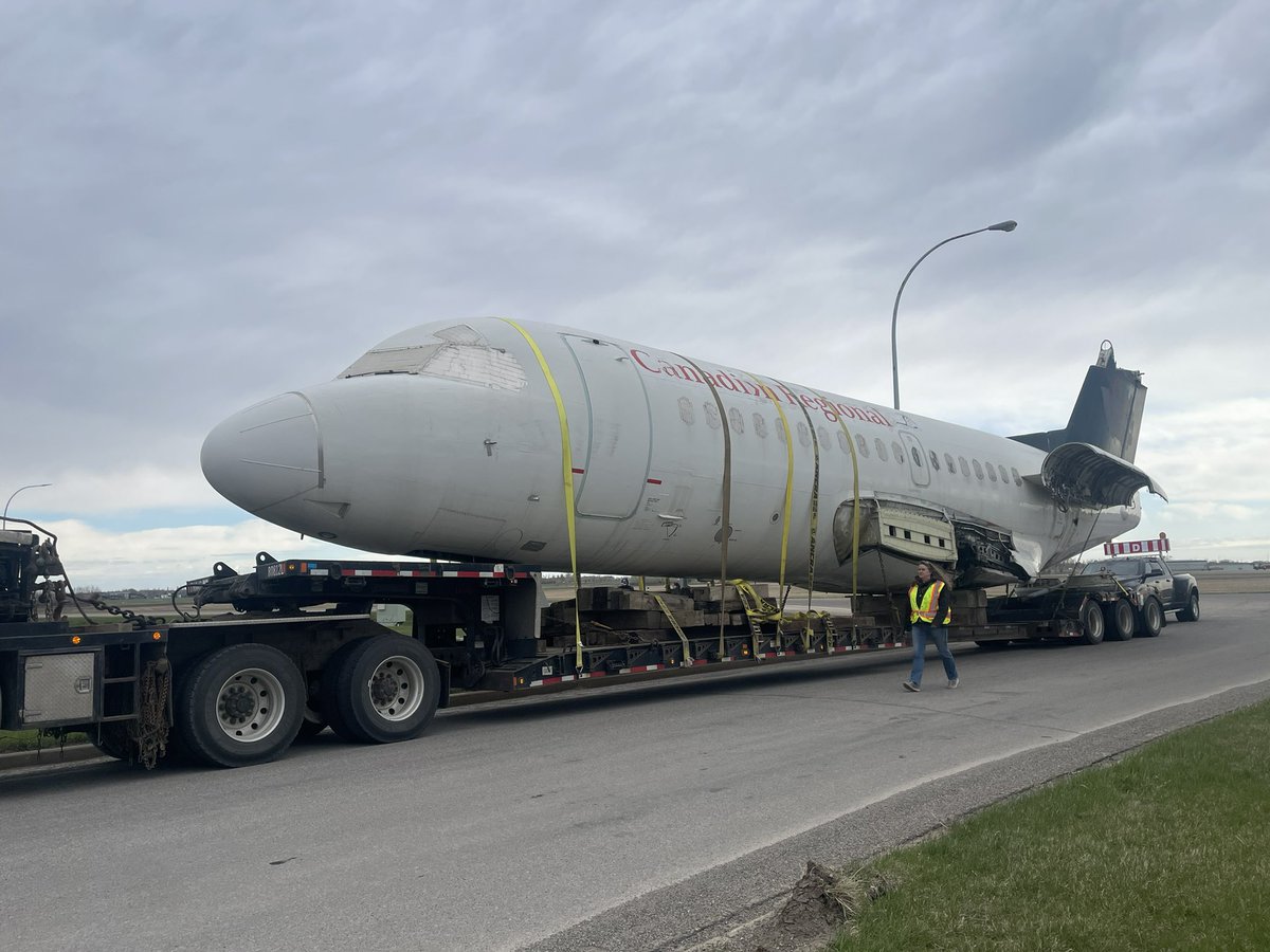 A Fokker F28-1000 fuselage arrives at Lethbridge Airport early Monday after a multi-day convoy.  The Time Air Historical Society is working to develop an aviation museum here. Details Tuesday.