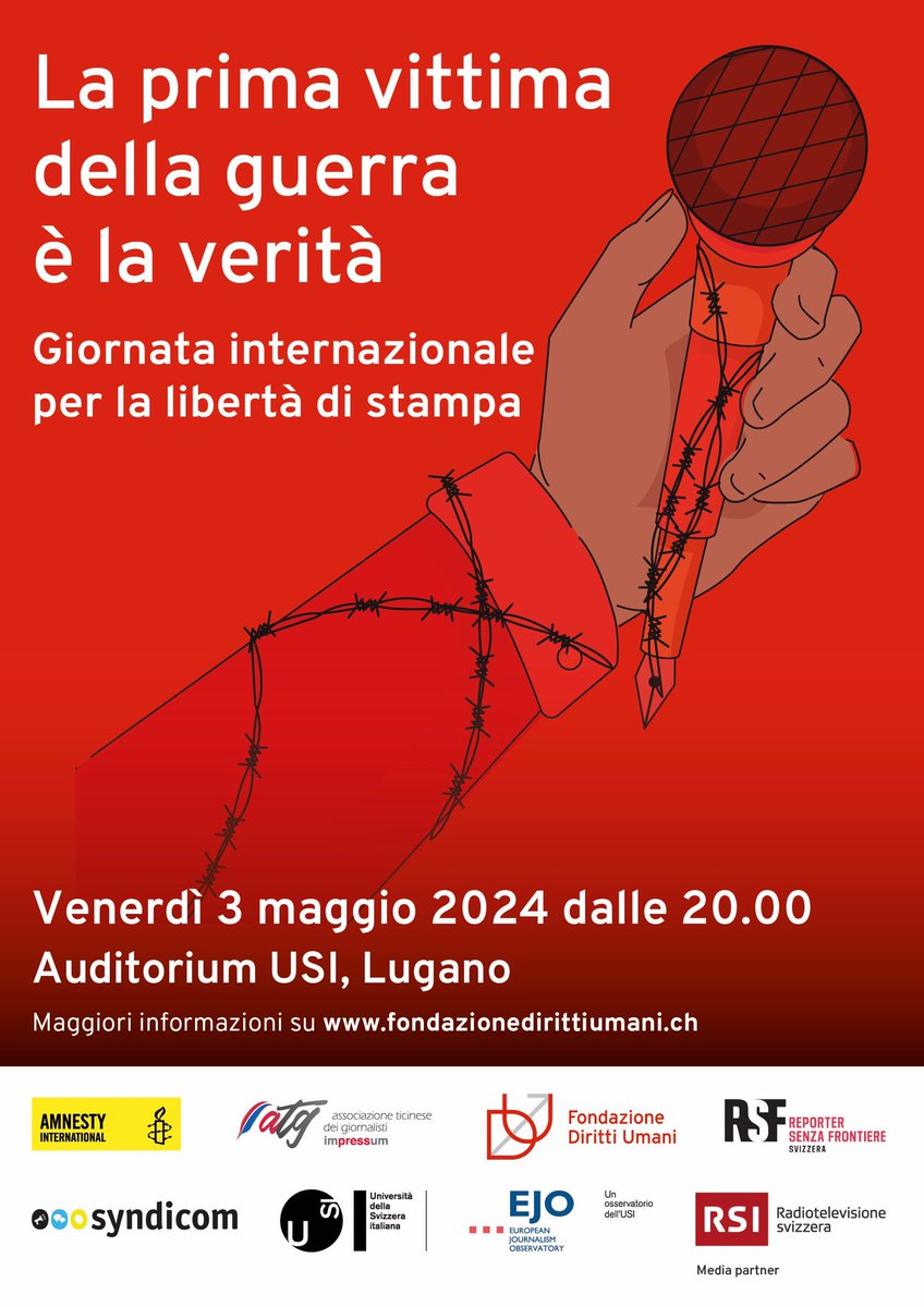 In occasione della giornata internazionale per la libertà di stampa, venerdì sera alle 20h ci trovate all’università della Svizzera Italiana, a Lugano, con @RSIonline @andrea_nicastro @AmnestySvizzera @RSF_inter @syndicom_it e tanti altri!