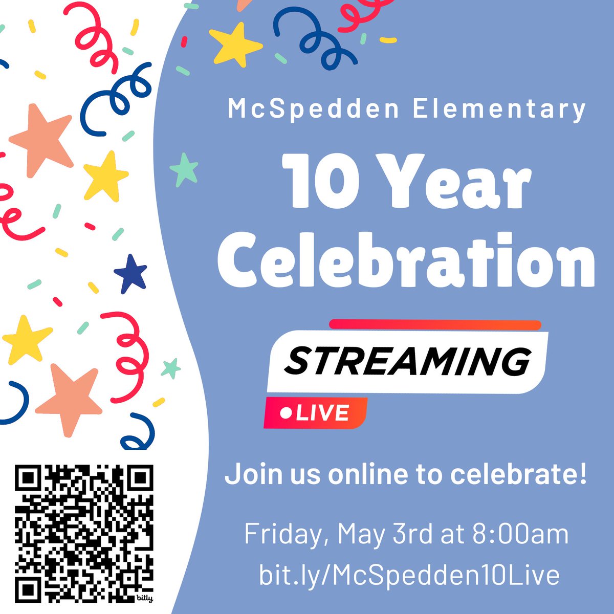McSpeddenES's tweet photo. The McSpedden 10 Year Celebration will be streamed LIVE this Friday, May 3rd at 8:00am. We're looking forward to celebrating with you online! 🎉
Use this link to join: https://t.co/dHlCoqaU7h https://t.co/CmND9lqU9R