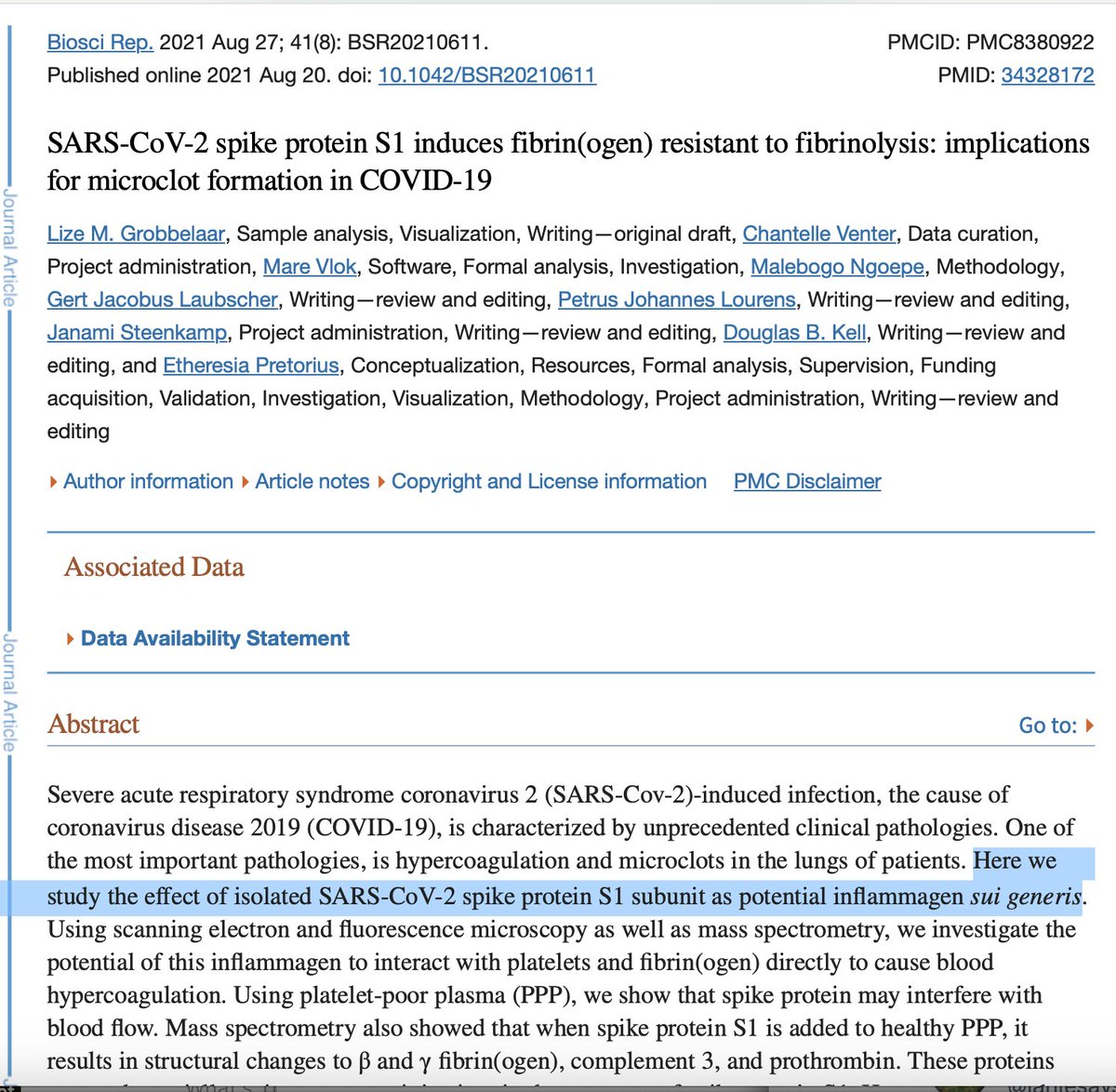 @ROparil @unhealthytruth This is the original,  and imo still the best paper by #TeamClots showing the SARS2 spike protein S1 subunit, all by itself, causes clotting.
The spike protein was the wrong protein to use for an mRNA 💉 which has the potential to go off-target and transfect heart cells.