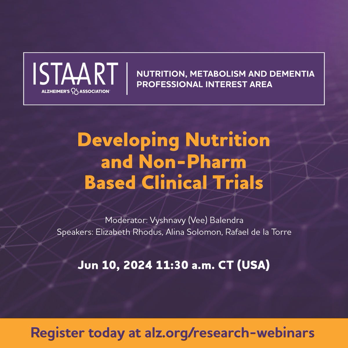 On June 10th @ 11:30am, tune in for a joint webinar presented by the @NutritionPIA & @ClinTrialsPIA discussing nutrition -based and non-pharm based clinical trials, trial designs, findings, and attempts to explain reasons for discrepant results Register: alz-org.zoom.us/webinar/regist…
