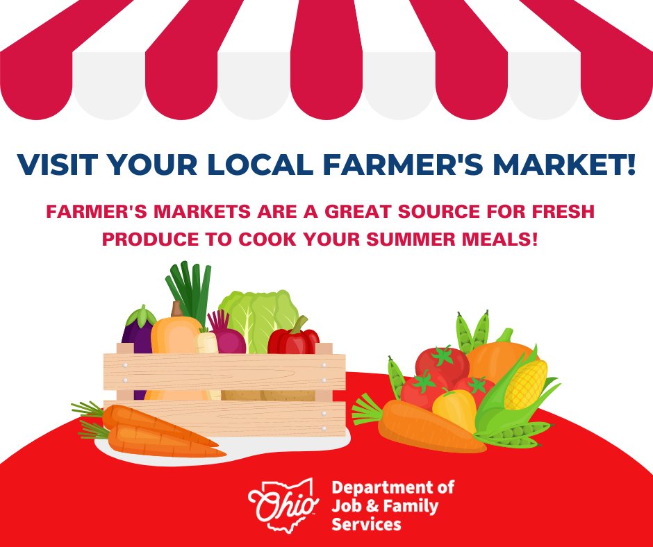 Looking for fresh, affordable produce for your summer meals? Try your local farmer’s market. Most Ohio farmer’s markets accept SNAP. Visit here to find one near you: bit.ly/4baaK6T