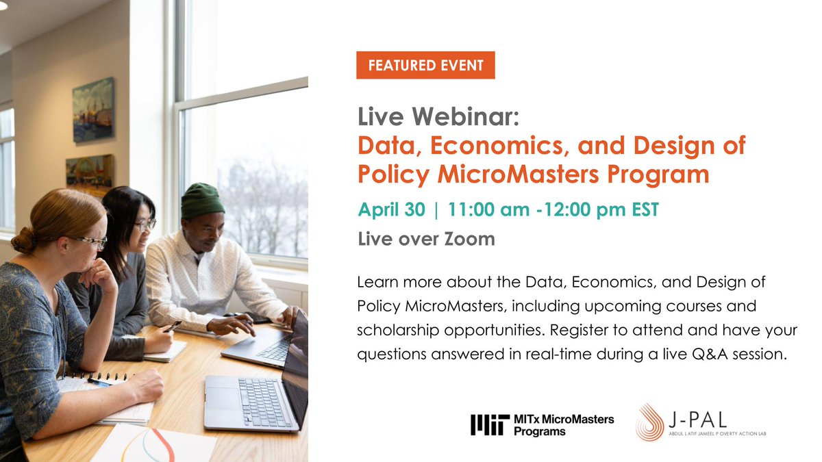 It’s not too late to register for our #DEDP MicroMasters webinar to learn more about the upcoming spring term! Join us tomorrow to hear about program updates, including the new Public Policy Track and scholarship opportunities: bit.ly/3JHT0nP #EconTwitter