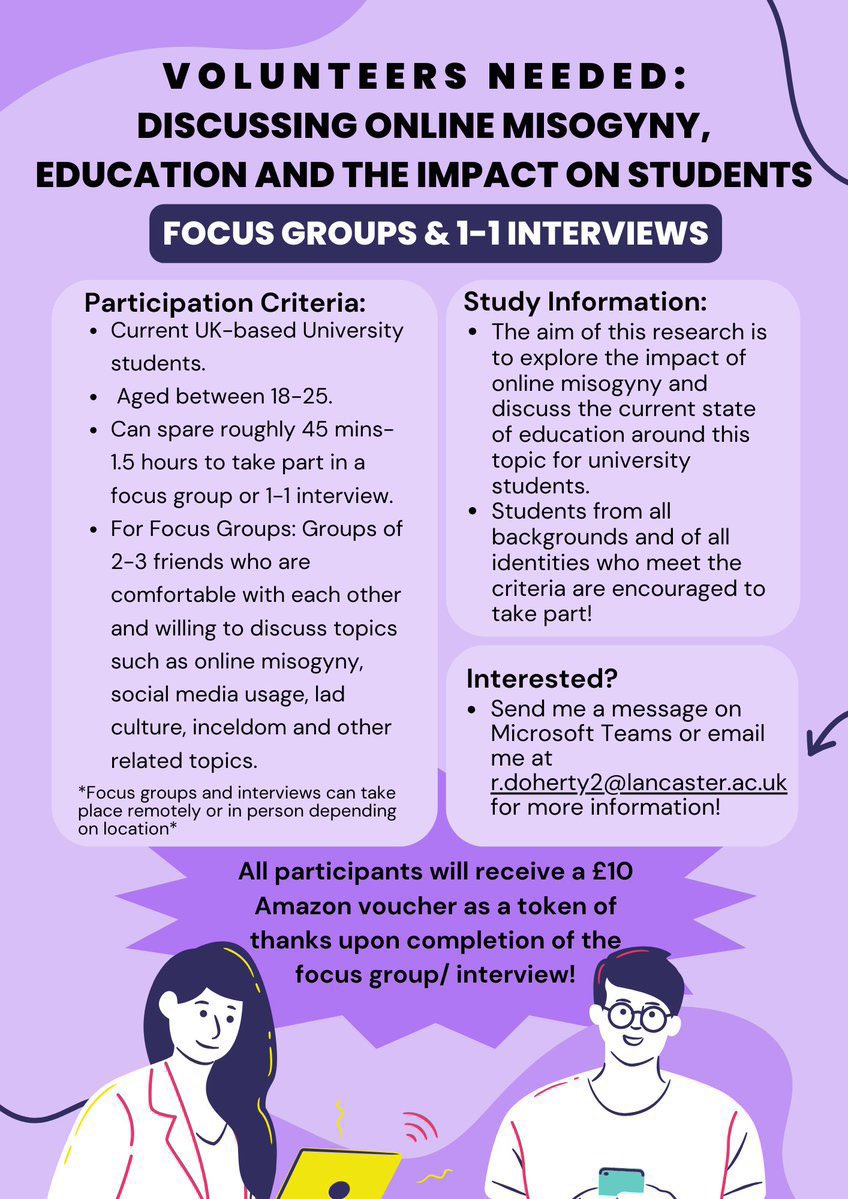 ✨PLEASE RT AND SHARE✨ I’m still looking for interview & focus group participants! If you are: Aged 18-25 A UK-based University Student Interested in the topics mentioned on the flyer below …Then please get in touch! All participants will receive a £10 amazon voucher!