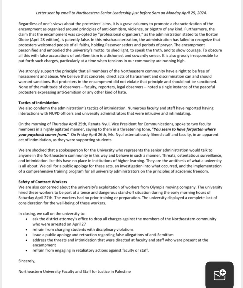 NEW: Professors at @Northeastern have begun circulating a letter denouncing the school’s response to student protests — including “the false justification for arrests,” “harmful weaponizing of anti-Semitism” and “tactics of intimidation” — and calling for charges to be dropped.