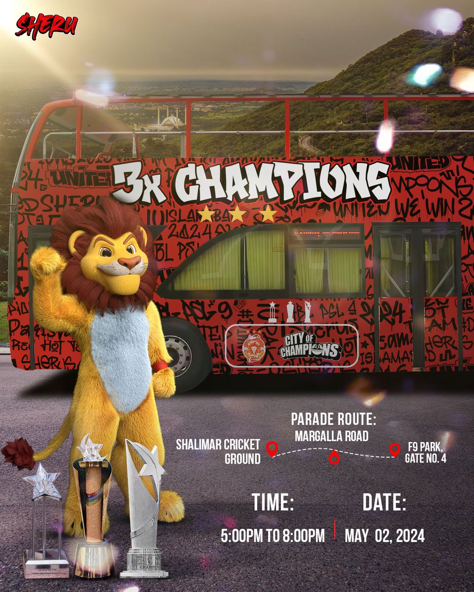 🚨 Lets Roar Together 🚨 All Sherus must unite for the victory parade and join your #RedHotChampions in celebration! 🗓️ May 2, 2024 ⌚️ 5:00 PM to 8:00 PM 📍 From Shalimar cricket ground to F9 Park #3xChampions #UnitedWeWin #RedHotSquad🦁