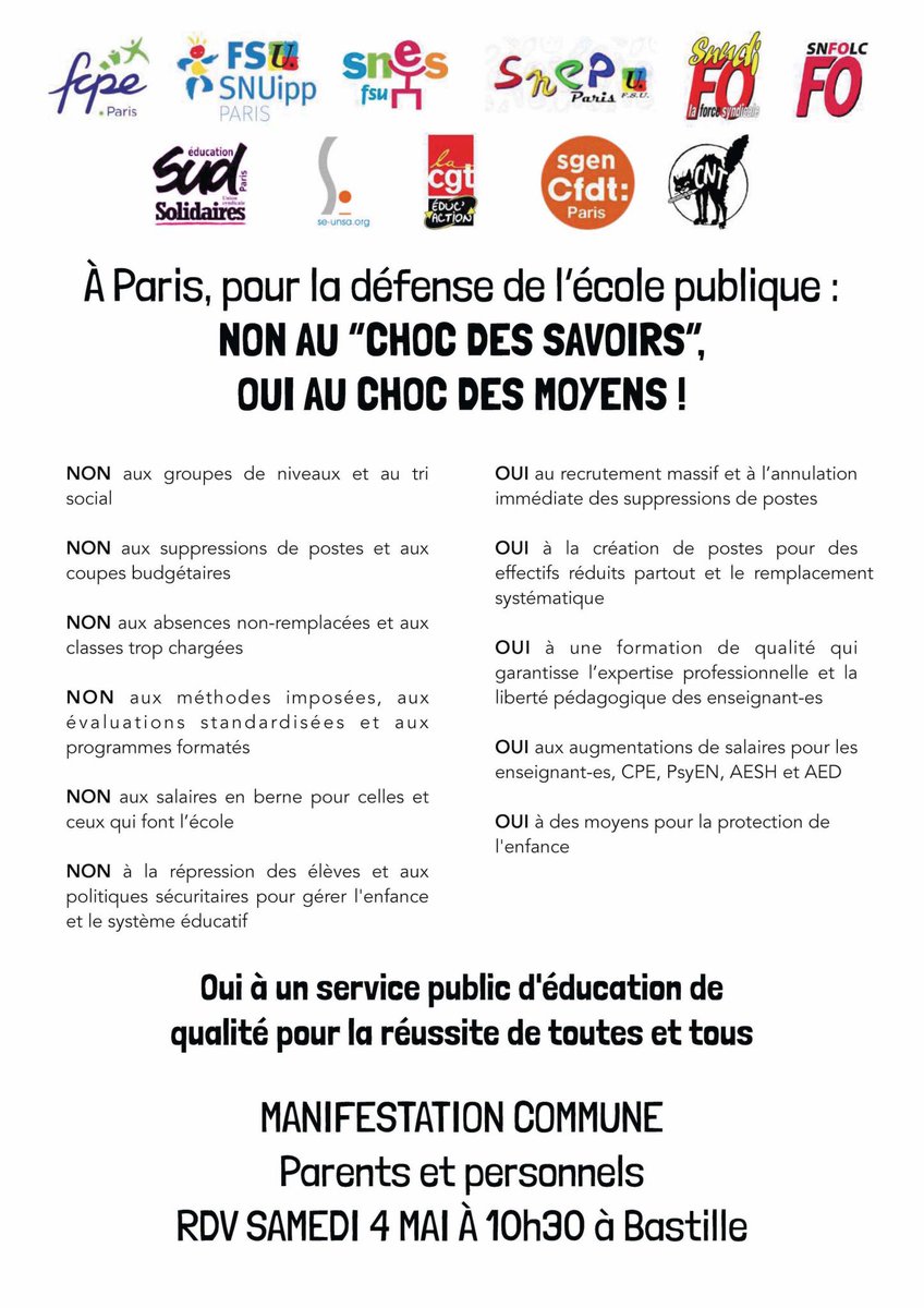 La mobilisation continue !
📢Manifestation parents et personnels de l'éducation ensemble💔
‼️ RDV samedi 4 mai 10h30 place de la Bastille
Soyons nombreux pour défendre l'école publique !
Non au #ChocDesSavoirs
Oui au #ChocDesMoyens
@FCPE_Paris