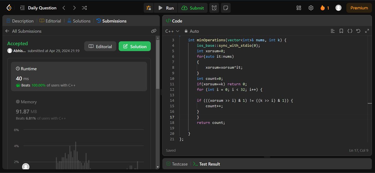 Day 154 of #100DaysOfCode 

Leetcode 1 Pod Solved 
2997. Minimum Number of Operations to Make Array XOR Equal to K ✅️