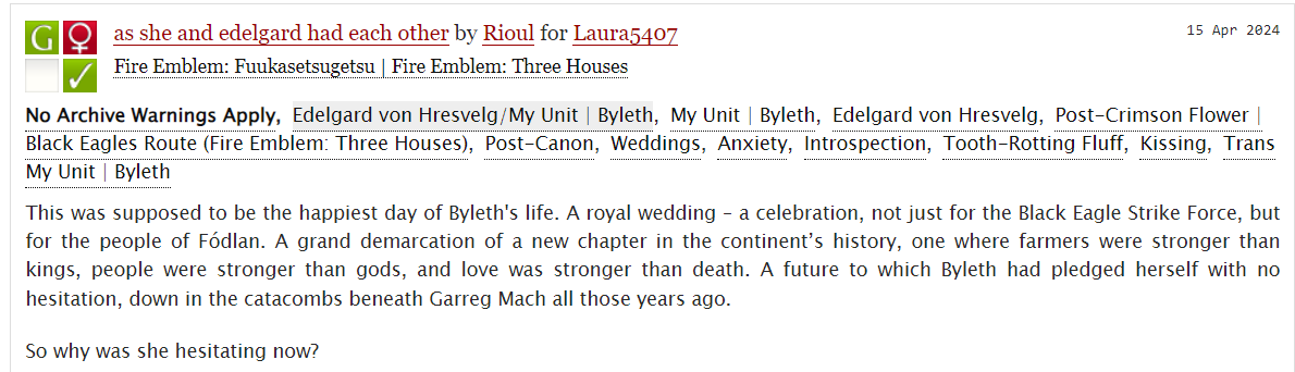 This was my first time participating in <a href="/fe3hfemslashex/">FE3H Femslash Exchange ✨ Works revealed!</a> ! Thanks for having me 💖
The first fic I wrote was this SFW Edelgard/Byleth wedding fluff!
(NSFW in replies)