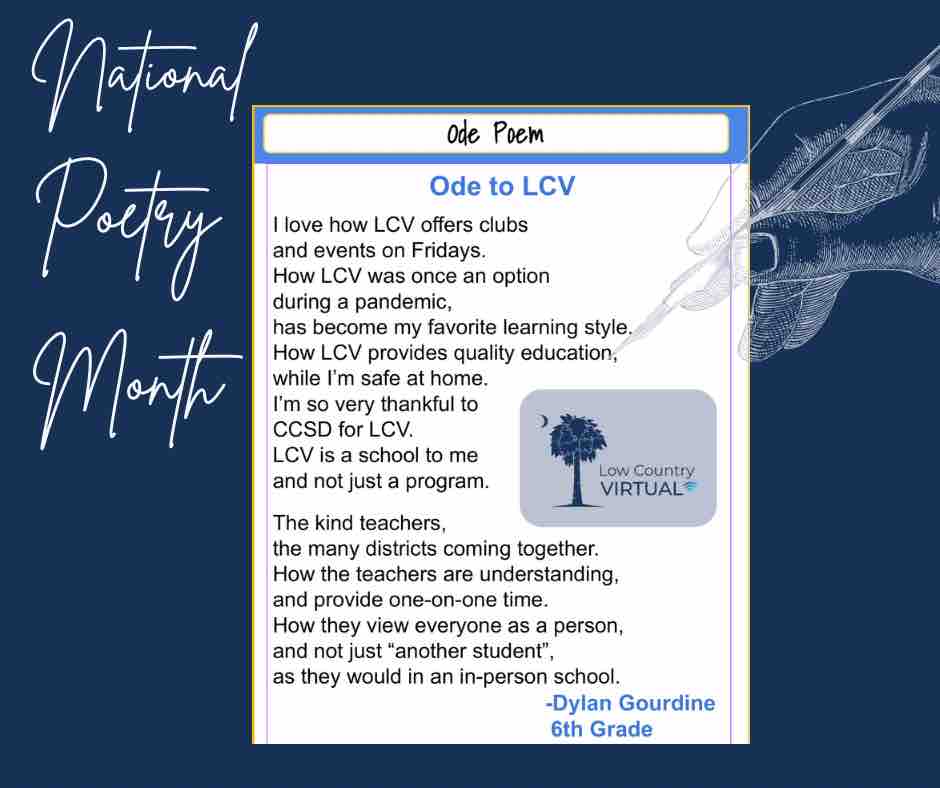 ✍️ Happy #NationalPoetryMonth from Low Country Virtual 🙌! Shoutout to ☝️of our AWESOME 🤩 6th graders who dedicated his poem to LCV🧑‍💻 #onlinelearning #LCVLeads 💯