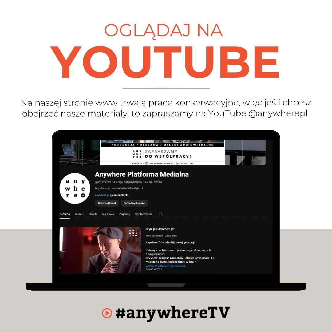 Oglądaj Anywhere.pl Platforma Medialna na YouTube! 🎥 Na naszej stronie www trwają właśnie prace konserwacyjne, więc jeśli chcecie obejrzeć nasze wywiady, to śmiało kliknijcie w ten link ➡️ youtube.com/@anywherepl?fe… 

#AnywhereYouAre #wywiady #kultura #rozrywka