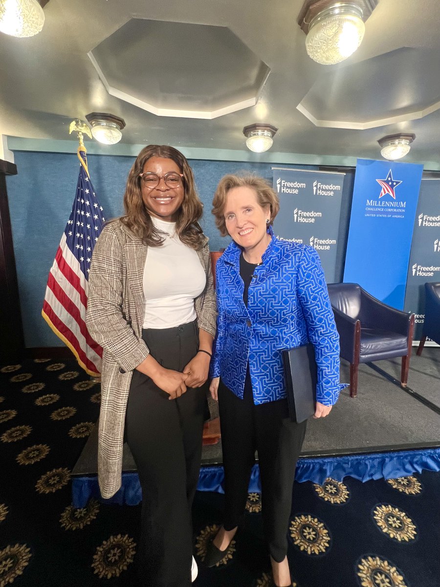Scoville Fellow '24 Bénie Yenyi @peacedirect and @MCC_CEO Alice Albright at Delivering for Democracy: @MCCgov’s Commitment to Locally Led Development, featuring a fireside chat with @abramowitz @freedomhouse. #SIDUSConference
