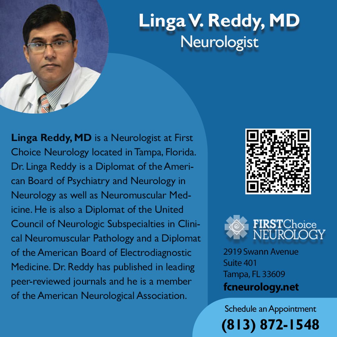 𝗠𝗲𝗱𝗶𝗰𝗮𝗹 𝗠𝗼𝗻𝗱𝗮𝘆 𝘄𝗶𝘁𝗵 𝗗𝗿. 𝗟𝗶𝗻𝗴𝗮 𝗥𝗲𝗱𝗱𝘆 Linga Reddy, MD is a Neurologist at First Choice Neurology in Tampa, Florida. Scan the QR code to learn more about Dr. Linga Reddy. #tampaneurologist #neurology #neurologist #tampa #tampabay #tampaneurology