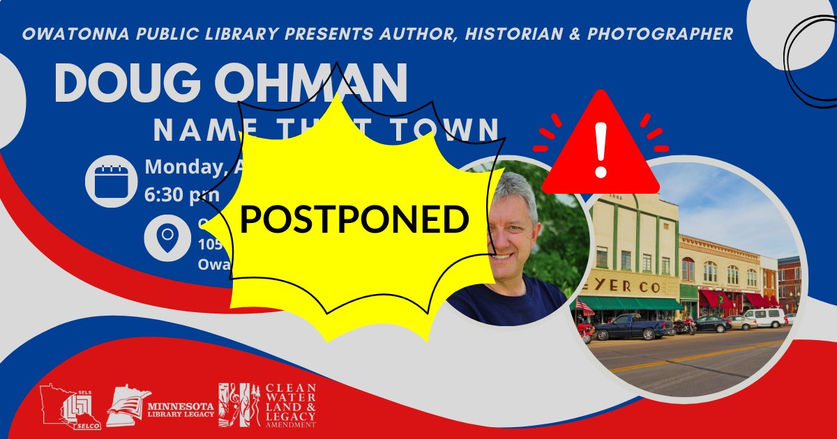 We regret to inform you that Name That Town with Doug Ohman has been postponed. Doug is ill, and we are sending him "get well" wishes! We look forward to rescheduling this event at a later date and will let you know when we have an update.