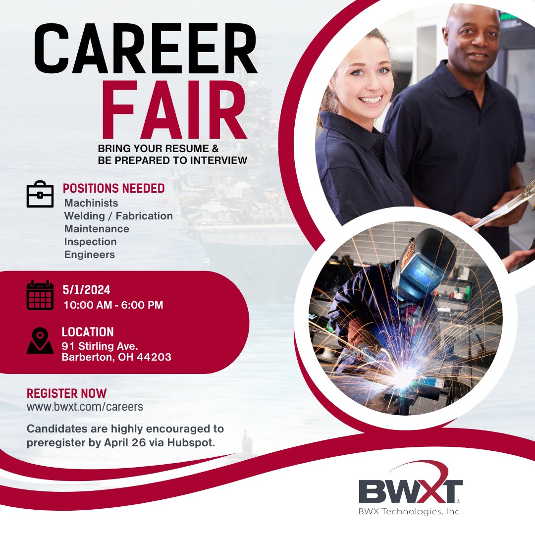 #NowHiring! Our next career fair is set for May 1, 10:00am - 6:00pm in Barberton, Ohio. Hiring #machinists, #engineers, #welders and more! Be sure to bring your printed resume and visit share.hsforms.com/1LvE11t5cTRiX-… to register.