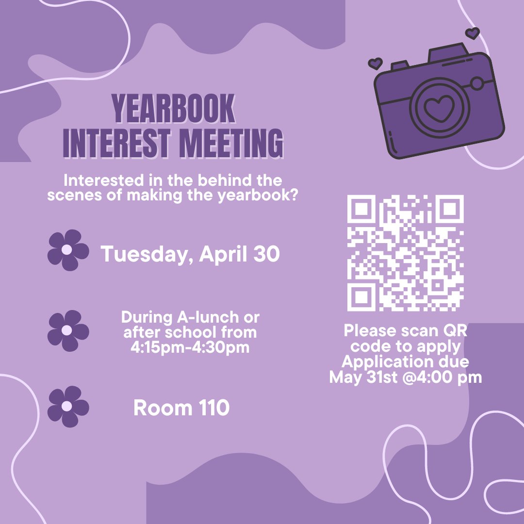 Interested in yearbook club? If you like writing photography, design, or marketing come to our interest meeting on tomorrow Tuesday, April 30th during A-lunch & after school in room 110 and learn what exactly it is what our RHS earbook staff does. We hope to see you all there. 🤠