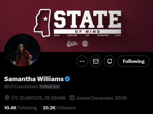 Looks like former @LadyVol_Hoops Assistant Coach Samantha Williams (@UTCoachSam) will be joining @SamPurcellMSU and the #MissState #LadyBulldogs 👀