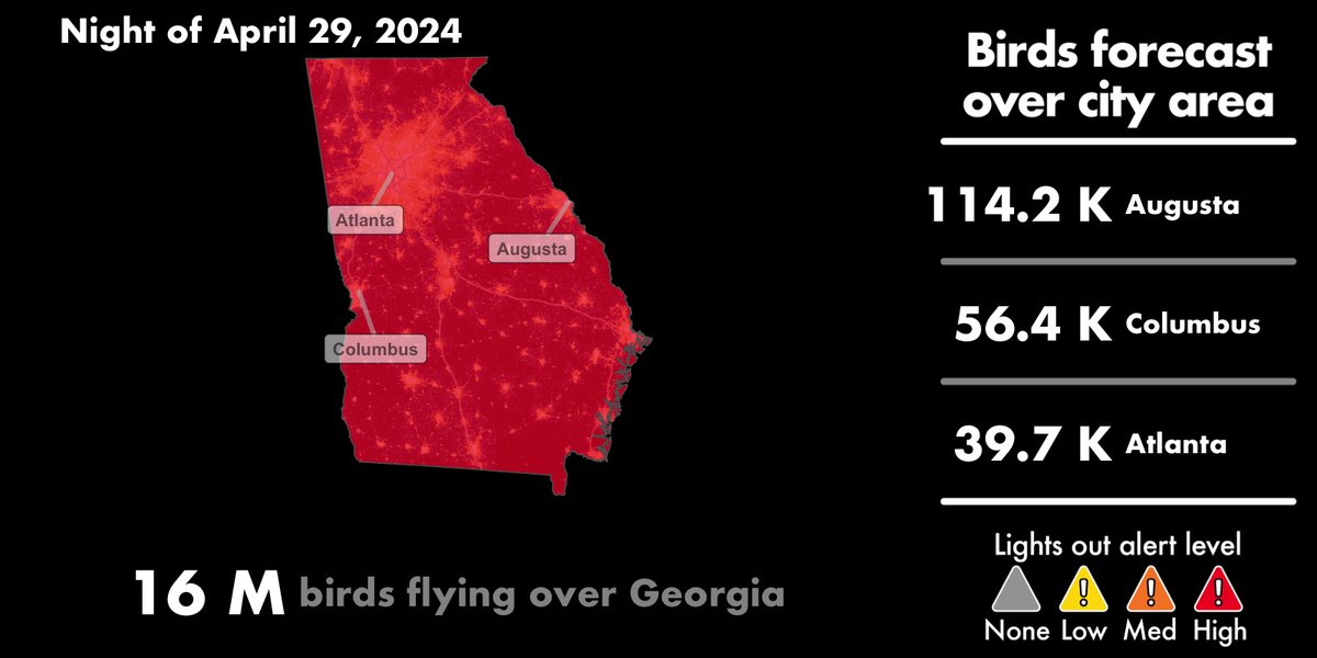 🚨Lights Out Alert for Monday, April 29🚨 Monday, April 29, is forecasted to be a night of high migration over GA, with an estimated 16 million birds migrating across the state. Turn off outdoor lighting between 12:00 PM and 6:00 AM. Learn more at aeroecolab.com/georgia.