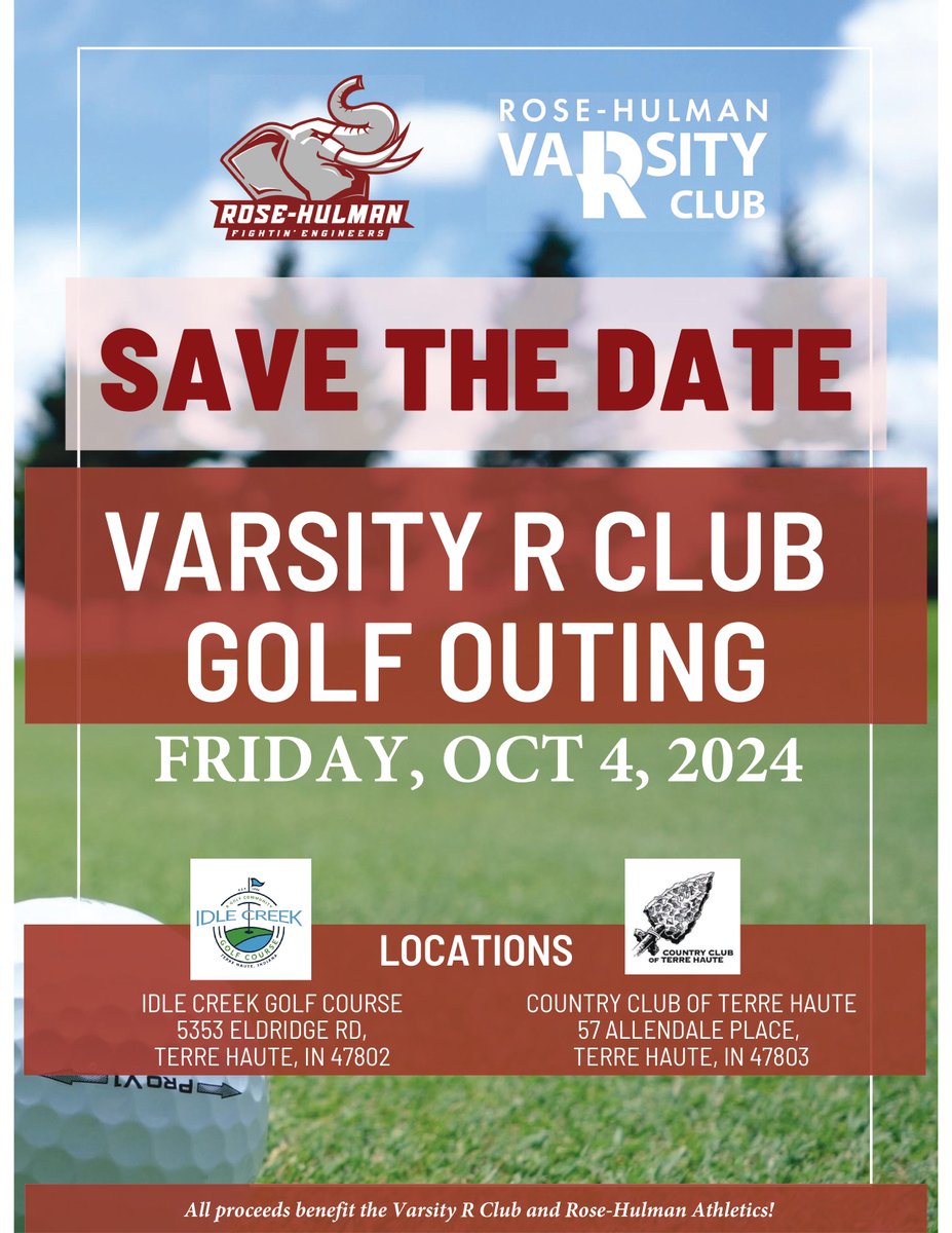 SAVE THE DATE! The date is set for the 2024 Varsity R Club Golf Outing on October 4, 2024, as a part of Homecoming weekend. Get ready to join us in Terre Haute and support Rose-Hulman Athletics! Sign-ups will go live SOON! #GoRose