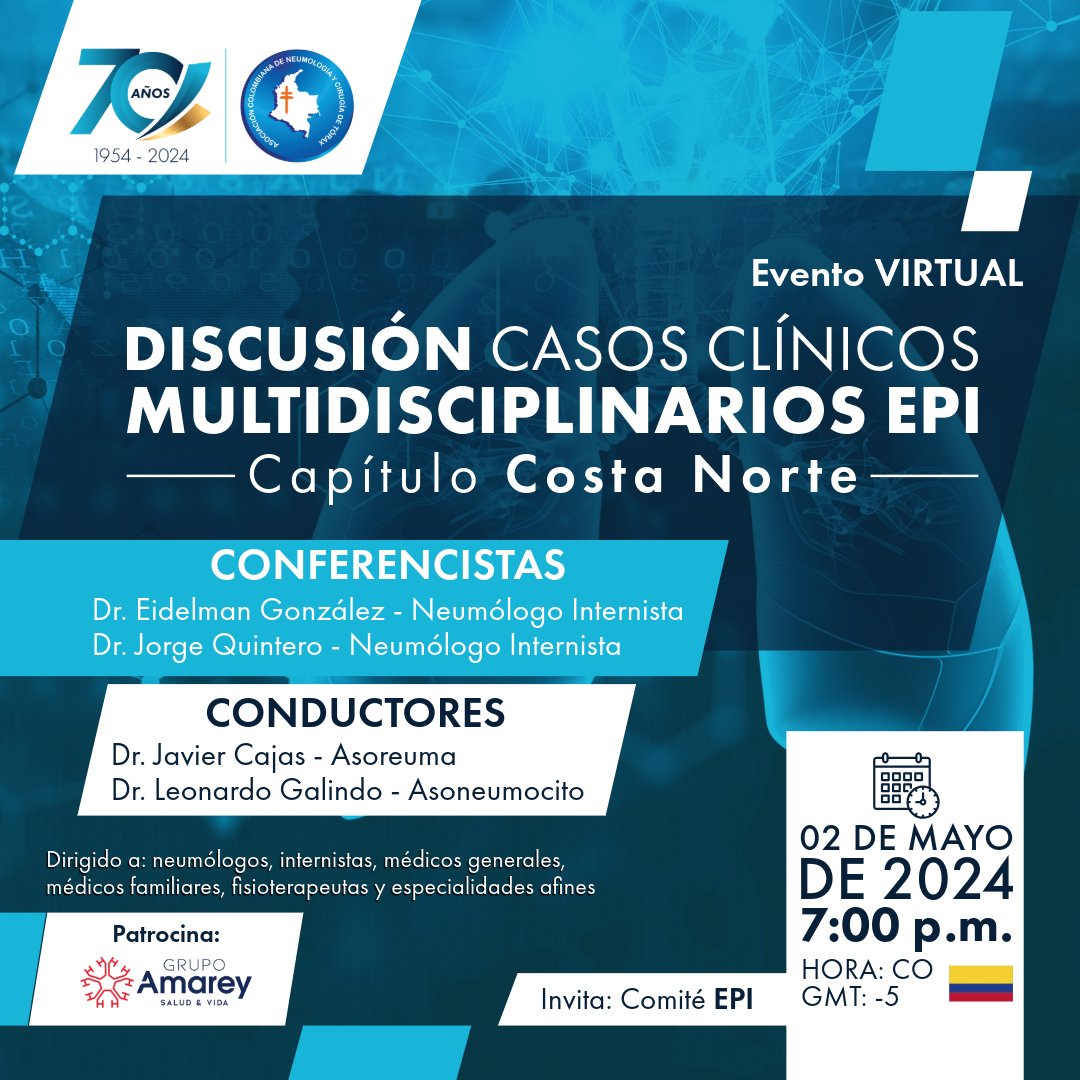 Evento #Virtual El Comité de Enfermedad Pulmonar Intersticial de nuestra asociación los invita al evento VIRTUAL: 'Discusión de Casos Clínicos EPI - Capítulo Costa Norte'. 🗓️ 2 de mayo - 7 p.m. (Hora COL - 5 GMT) Enlace de inscripción ⬇️ us06web.zoom.us/meeting/regist…