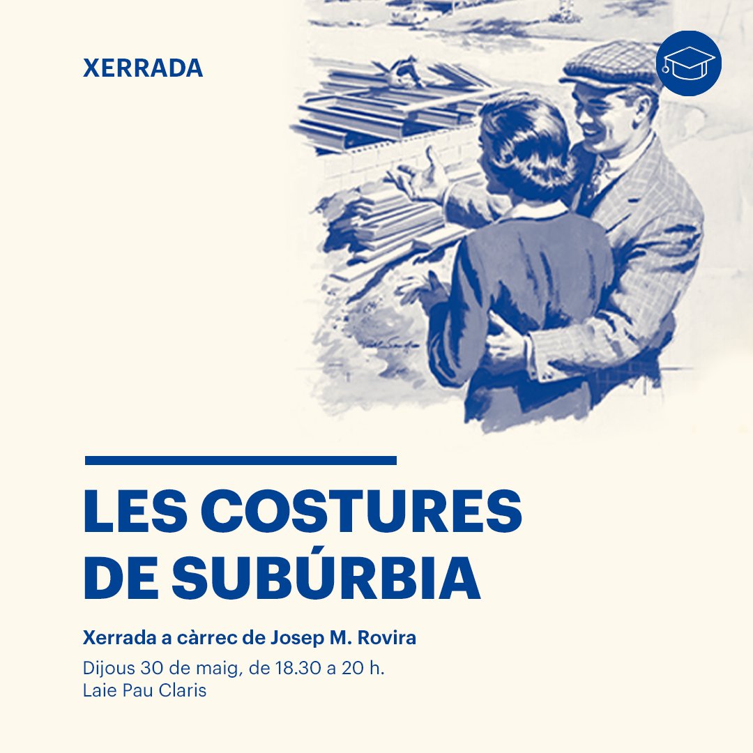 💡 Ja us podeu apuntar a la xerrada 'Les costures de Subúrbia', el dijous 30/05 a #LaiePauClaris

🏡 Josep Maria Rovira de l'@ETSABarcelona ens oferirà claus per aprofundir en l'exposició #SuburbiaCCCB

👉 laie.es/ca/agenda/les-…

#AgendaLaie #LaieCulturaResponsable
