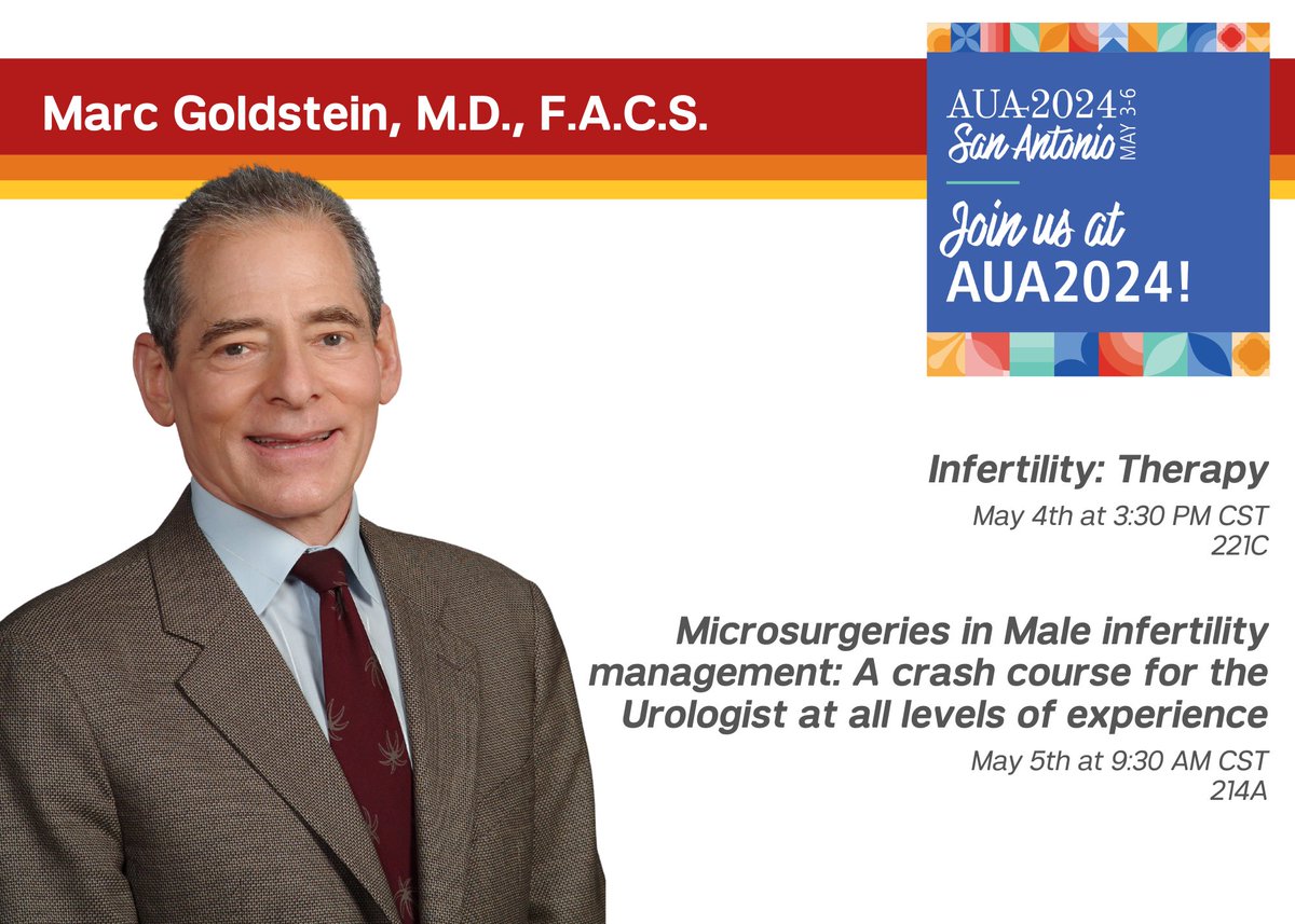 On May 4th and 5th, join Dr. Marc Goldstein as he discusses infertility therapy as well as microsurgeries in male infertility management during the #AUA24 meeting. To learn more about Dr. Goldstein's sessions during the conference, visit aua2021.app.swapcard.com/event/2024-ann…