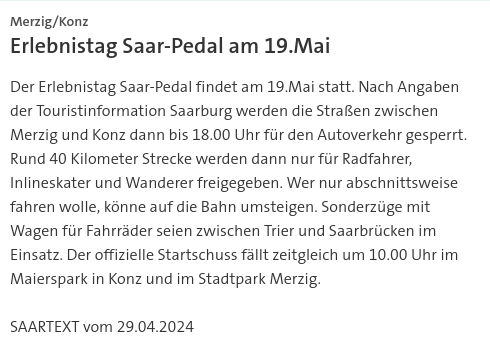 #SKK20240428 #SAARTEXT Der #Erlebnistag Saar-Pedal findet am 19.Mai statt. Nach Angaben der  #Touristinformation #Saarburg werden die Straßen zwischen #Merzig und #Konz  dann bis 18.00 Uhr für den #Autoverkehr gesperrt. | #Saarland #SaarPedal