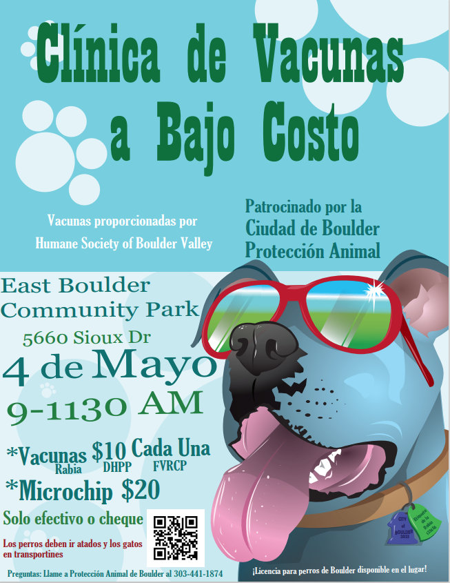 Join us and the @HumaneBoulder this Saturday, May 4, at the East Boulder Community Park from 9-11:30am for a Low Cost Vaccination and Licensing Clinic for your pets! You can even pre-register via this QR code #boulder #bouldercolorado