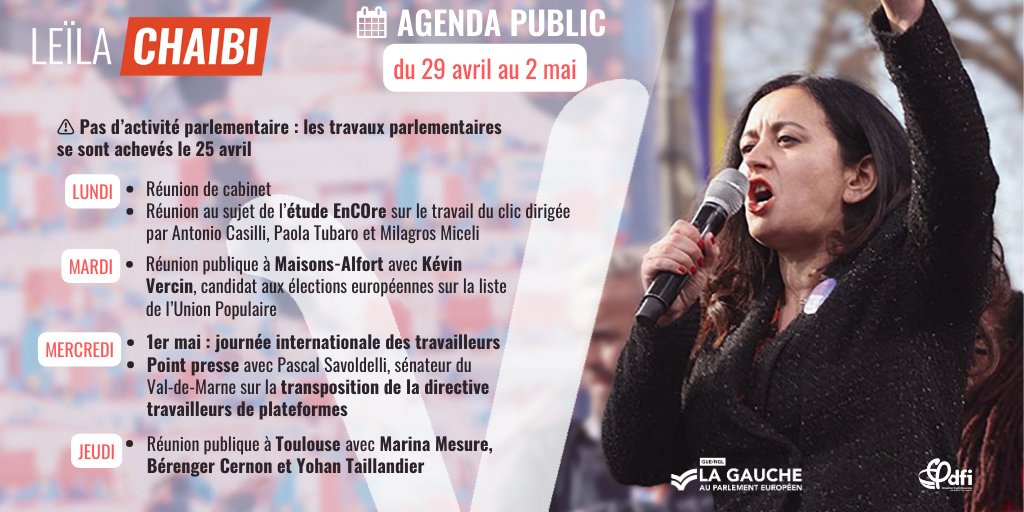 📅 Agenda de la semaine : ✊ Réunions publiques à Maison-Alfort et Toulouse 🎙 Point presse sur la transposition de la directive travailleurs de plateformes 💻 Réunion au sujet d'une étude sur le travail du clic 👷 Journée internationale des travailleurs