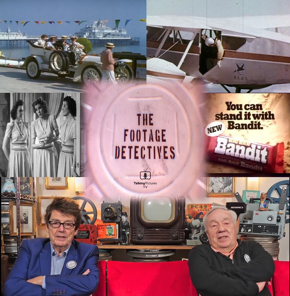 Join #NoelCroninBEM & @MikeReadUK in THE FOOTAGE DETECTIVES at 7pm. There's a reel of 50s skydiving on behalf of a chocolatey drink, we go on location with 'Half a Sixpence' - who can you spot behind the scenes? And we have lost footage of #TheAndrewsSisters. #TPTVsubtitles