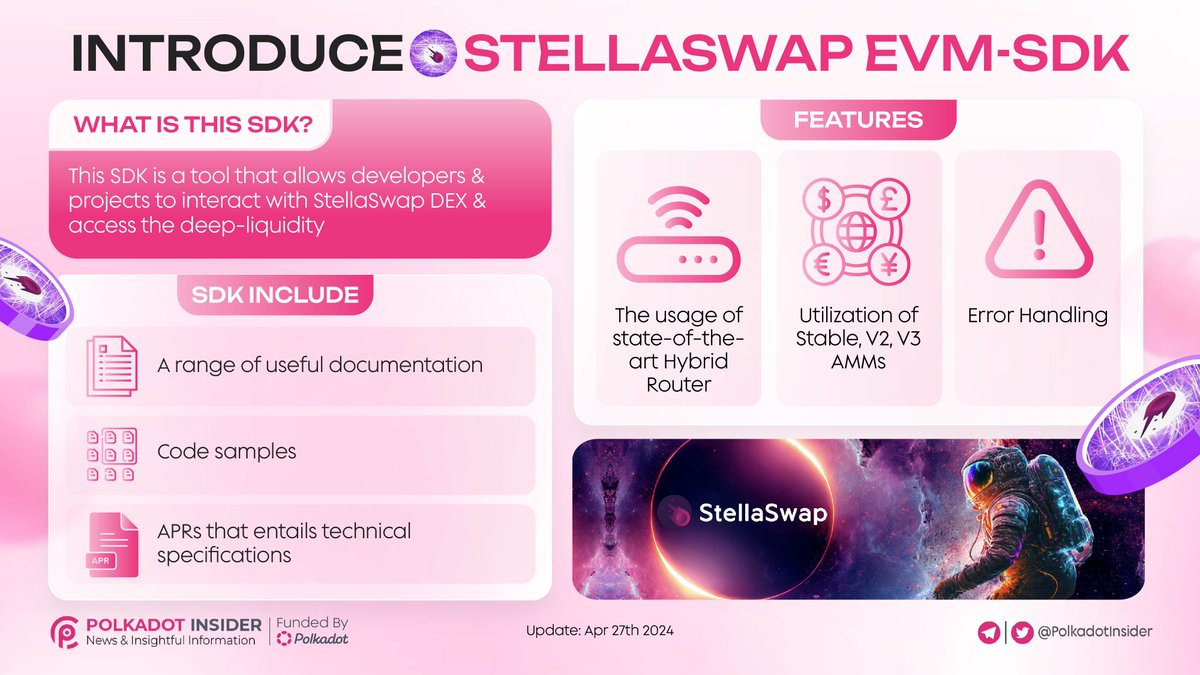 🚀 Exciting with @StellaSwap has just released its SDK the game-changer for developers & projects! 🔗 With the ability to deeply access @Polkadot Liquidity: The SDK, allows interaction with StellaSwap’s DEX & its liquidity Check out 👇 #Polkadot #DOT