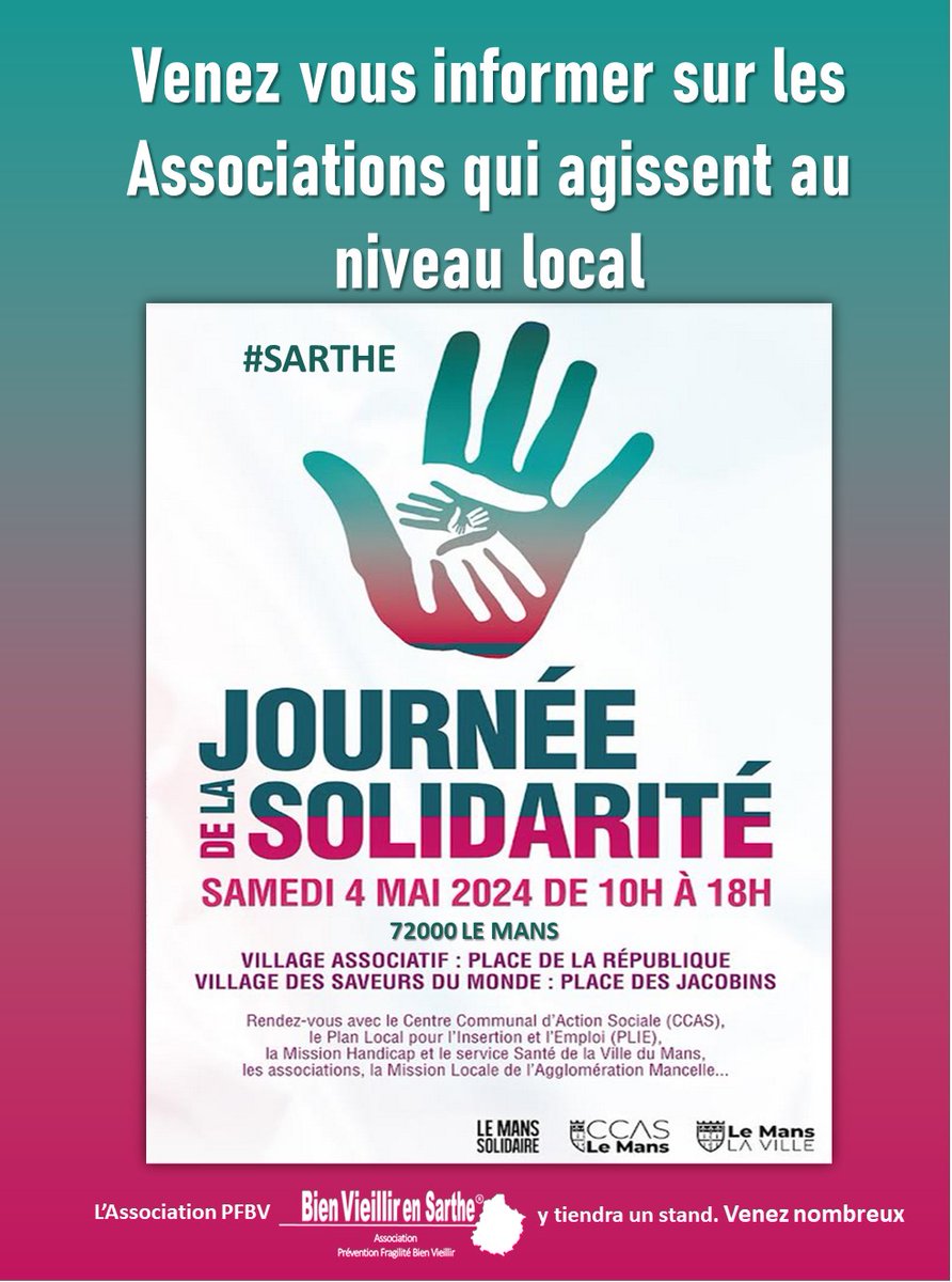 Grande journée à mettre sur vos agendas ! Rendez-vous le samedi 4 mai 2024 place de la République et place des Jacobins au Mans pour la journée de la Solidarité qui rassemblera de nombreuses associations qui peuvent vous aider au quotidien. #SARTHE #LE_MANS