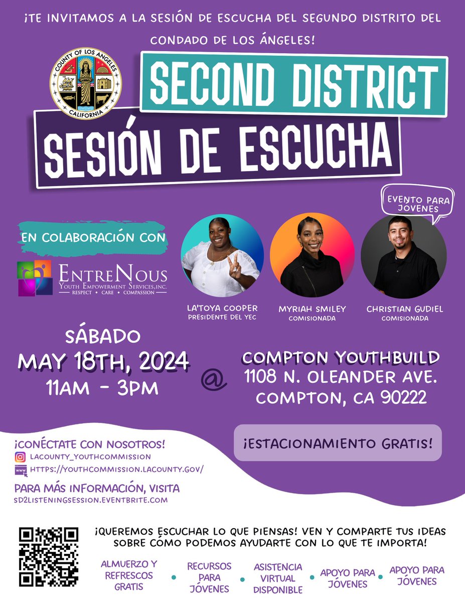 The @LACoYouthComm wants to hear from the next generation of leaders! Join to discuss policies important to young people in LA County’s Second District. 📅 Saturday 5/18 ⌚ 11 AM – 3 PM 📍 1108 N. Oleander Ave. Compton, CA 90222 👉 Register bit.ly/3vWFBVI
