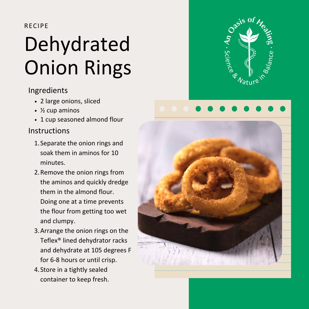 Who knew onion rings could be nutritious? With the dehydrator in your kitchen, the possibilities are endless! Check out the full post and recipe here: anoasisofhealing.com/dehydrated-sna…

#healthysnacks #vegansnacks #healthyfood #healthyrecipe