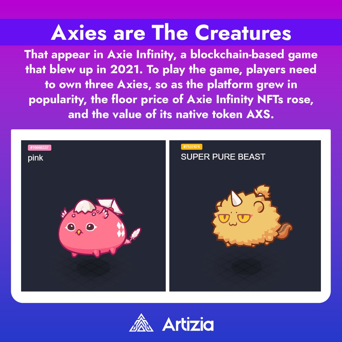 Join the Axie craze! 🚀🌟These cute blockchain critters from Axie Infinity have taken the gaming world by storm, lifting the NFT floor price and AXS value. Ready to play? 🎮💥 
.
.
.
#AxieInfinity #NFTgaming #CryptoPets #PlayEarn #BlockchainGaming #CryptoGames #NFT#VirtualEconomy