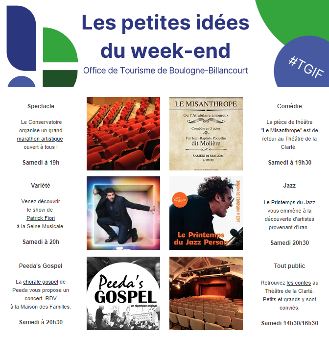 Retrouvez la 𝗧𝗚𝗜𝗙 de ce week-end ! Au programme : - Spectacle - Conte - Concert Consultez le lien pour plus d'infos 👉 : tinyurl.com/pksk6csp Bon week-end à tous ! 🙌 @Ville_BoulogneB @BoulogneCulture @LaSeineMusicale @TheatreClarte